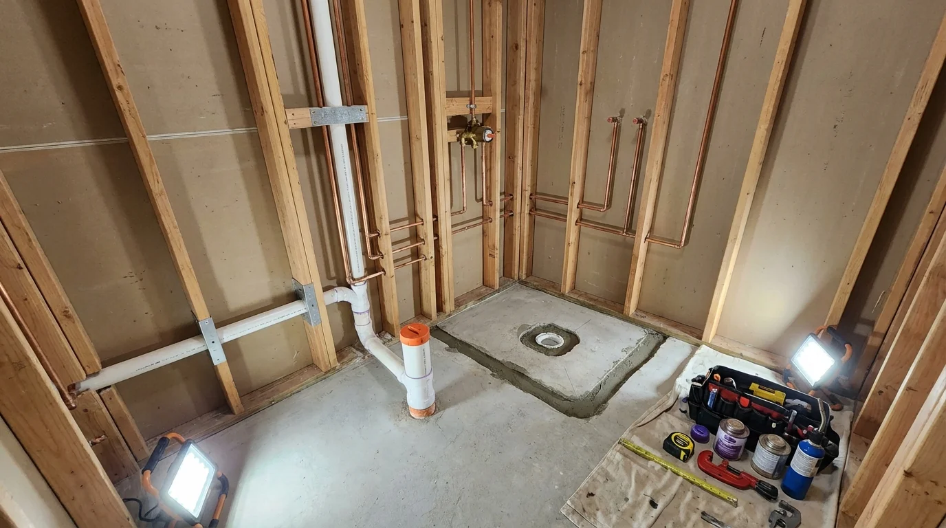 Bathroom rough-in plumbing during remodel by Johns Plumbing LLC in Pemberville