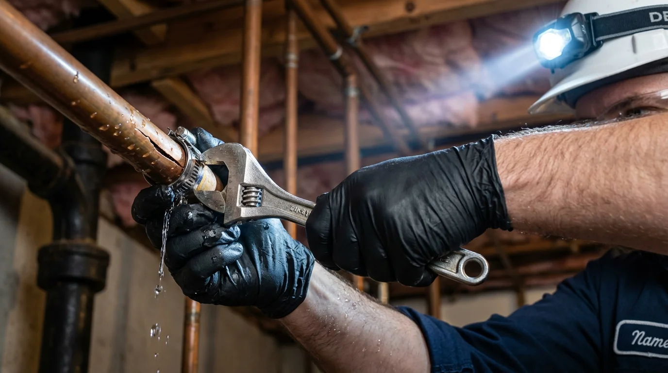 Emergency pipe clamp repair being performed by a Johns Plumbing LLC plumber in Pemberville