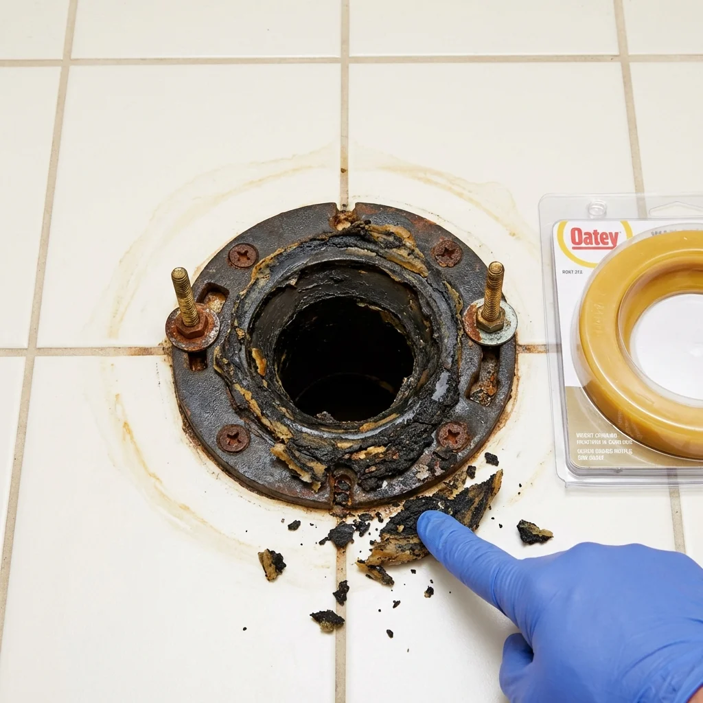 Failed wax ring showing water seepage at the base of a toilet in a Pemberville, OH home