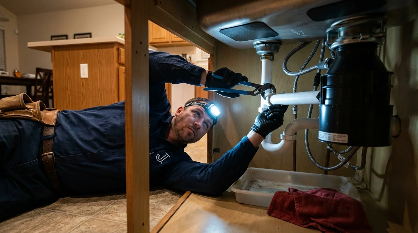 P-trap and supply line connections under a kitchen sink showing a common leak point in Pemberville, OH